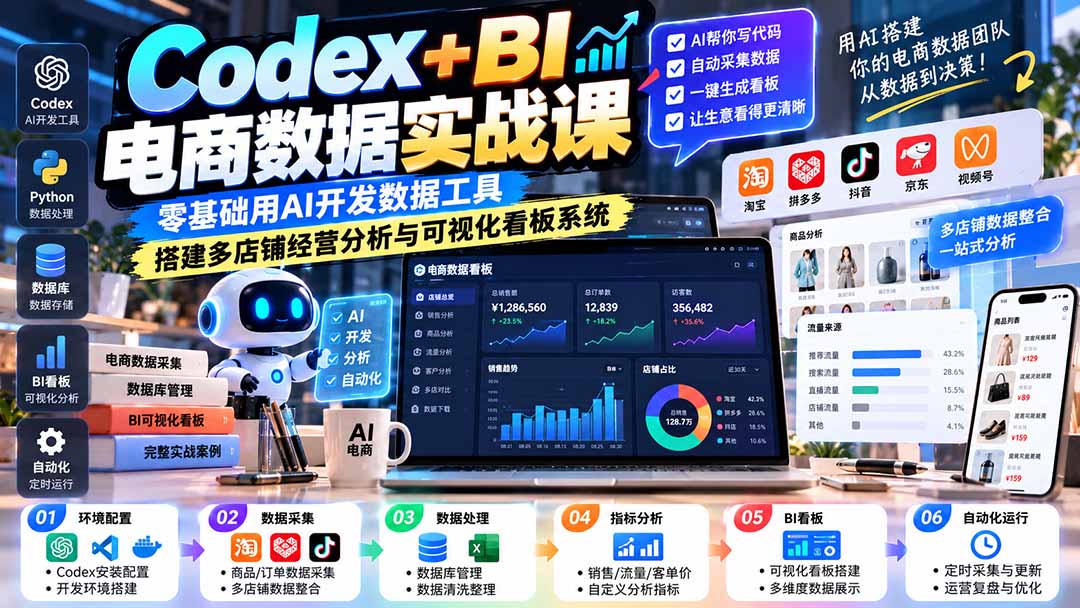 Codex+BI电商数据实战课：零基础用AI开发数据工具，搭建多店铺经营分析与可视化看板系统-极客网创