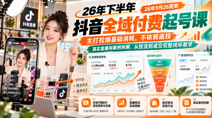 26年下半年抖音全域付费起号课26年9月26更新，主打拉爆基础消耗，不依赖追投，真实直播间案例拆解，从投流到成交完整闭环教学-极客网创