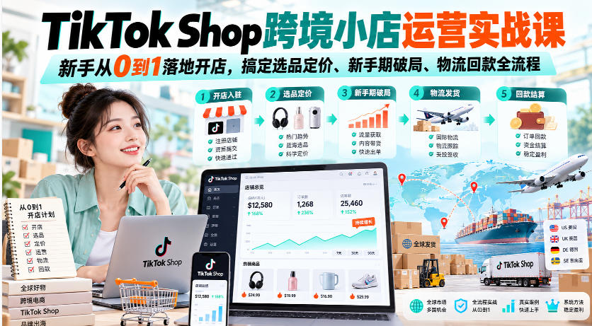 TikTok Shop跨境小店运营实战课，新手从0到1落地开店，搞定选品定价、新手期破局、物流回款全流程-极客网创