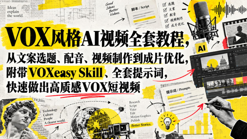 VOX风格AI视频全套教程，从文案选题、配音、视频制作到成片优化，附带VOXeasy Skill、全套提示词，快速做出高质感VOX短视频-极客网创