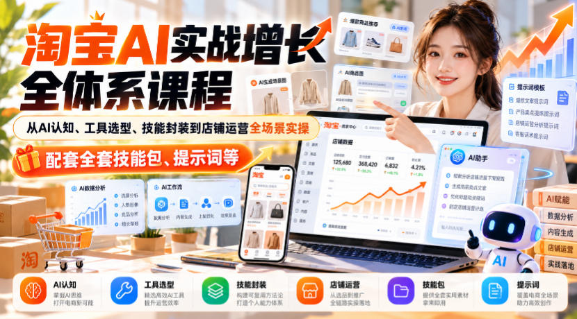 淘宝AI实战增长全体系课程，从AI认知、工具选型、技能封装到店铺运营全场景实操，配套全套技能包、提示词等-极客网创