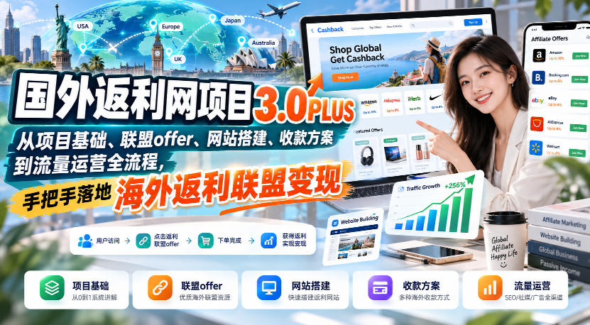 国外返利网项目3.0PLUS，从项目基础、联盟offer、网站搭建、收款方案到流量运营全流程，手把手落地海外返利联盟变现-极客网创