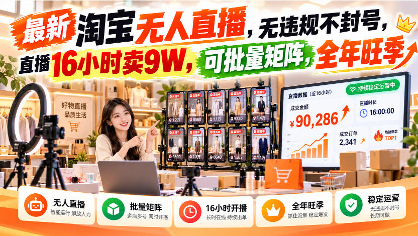 最新淘宝无人直播，无违规不封号，直播16小时卖9W，可批量矩阵，全年旺季【揭秘】-极客网创