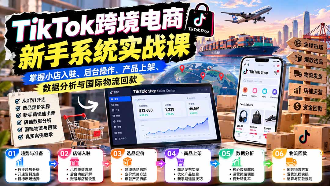 TikTok跨境电商新手系统实战课：掌握小店入驻、后台操作、产品上架、数据分析与国际物流回款-极客网创