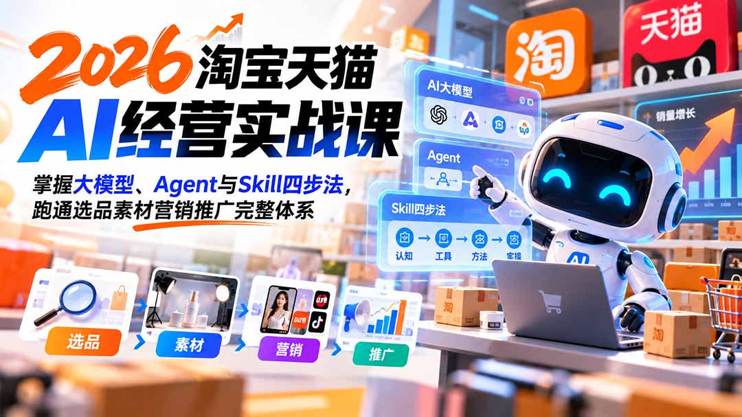 【无水印】2026淘宝天猫AI经营实战课:掌握大模型、Agent与Skill四步法,跑通选品素材营销推广完整体系-极客网创