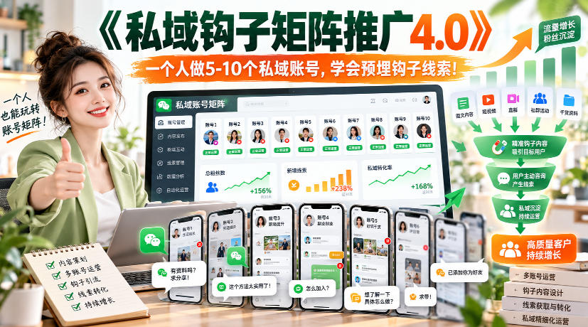 【无水印】《私域钩子矩阵推广4.0》一个人做5-10个私域账号,学会预埋钩子线索!-极客网创