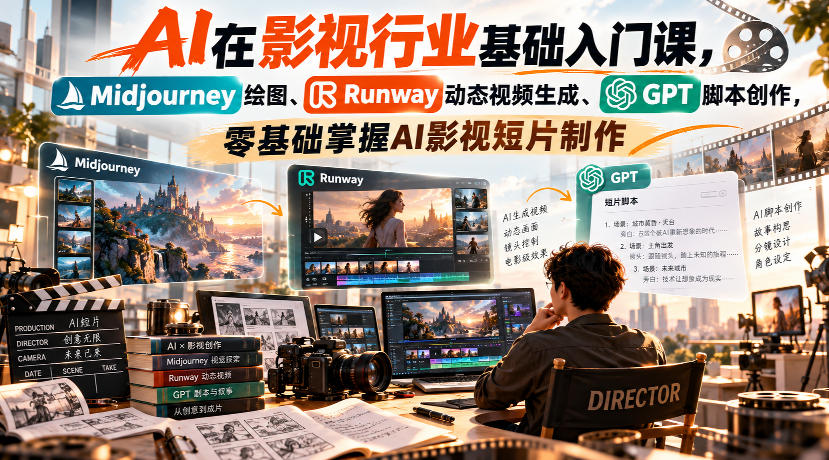 【无水印】AI在影视行业基础入门课,Midjourney绘图、Runway动态视频生成、GPT脚本创作,零基础掌握AI影视短片制作-极客网创