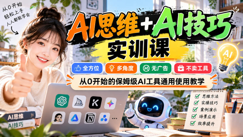 【无水印】AI思维+AI技巧实训课,全方位、多角度、无广告、不卖工具,从0开始的保姆级AI工具通用使用教学-极客网创
