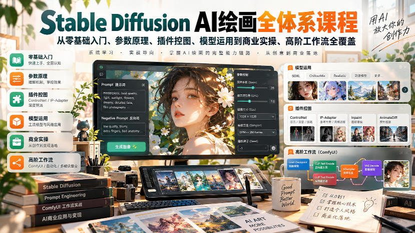 【无水印】Stable Diffusion AI绘画全体系课程,从零基础入门、参数原理、插件控图、模型运用到商业实操、高阶工作流全覆盖-极客网创