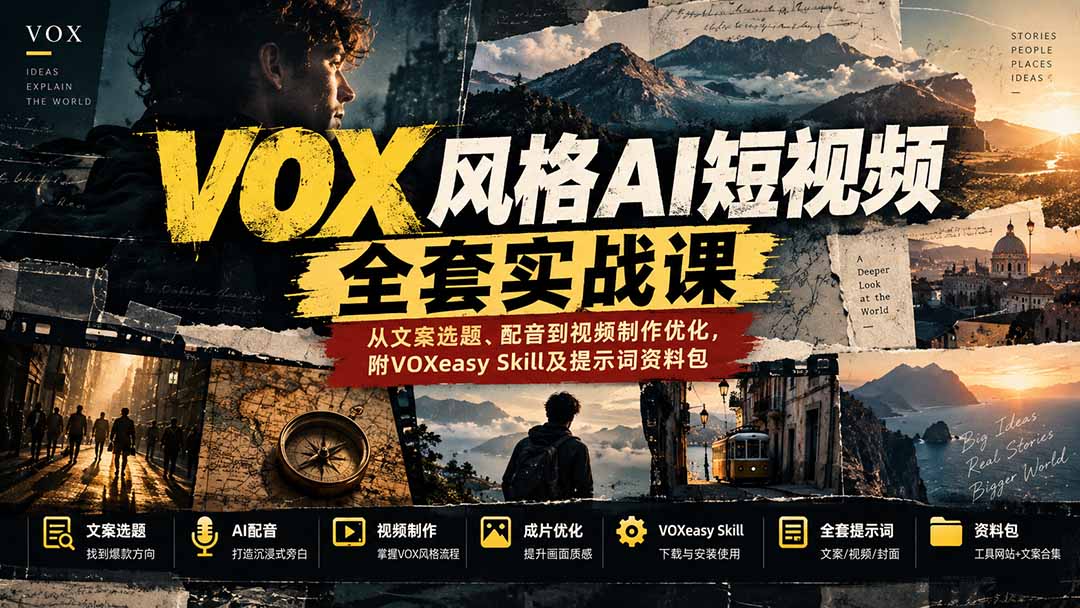 【无水印】VOX风格AI短视频全套实战课：从文案选题、配音到视频制作优化，附VOXeasy Skill及提示词资料包-极客网创