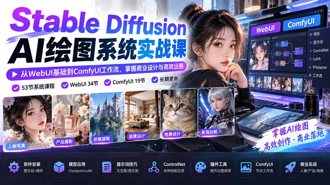 【无水印】Stable Diffusion AI绘图系统实战课：从WebUI基础到ComfyUI工作流，掌握商业设计与高效出图-极客网创