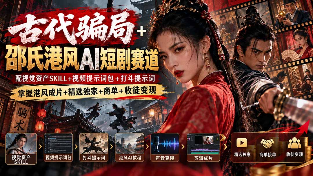 古代骗局+邵氏港风AI短剧赛道:配视觉资产SKILL+视频提示词包+打斗提示词,掌握港风成片+精选独家+商单+收徒变现-极客网创