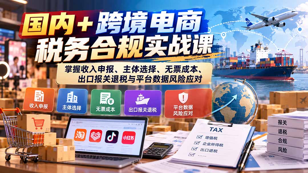 国内+跨境电商税务合规实战课：掌握收入申报、主体选择、无票成本、出口报关退税与平台数据风险应对-极客网创