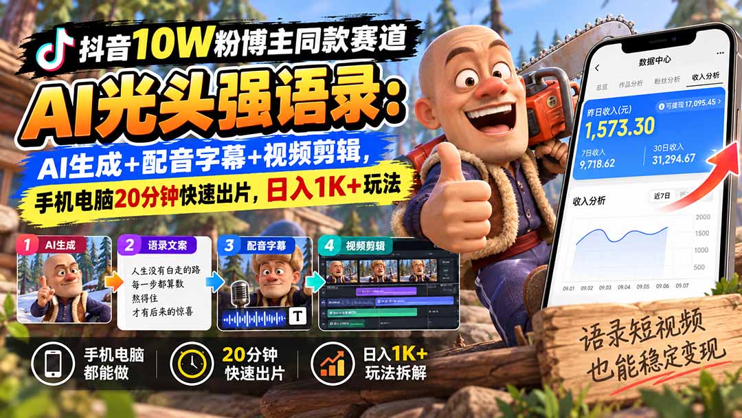【无水印】抖音10W粉博主同款赛道AI光头强语录：AI生成+配音字幕+视频剪辑，手机电脑20分钟快速出片，日入1K+玩法-极客网创