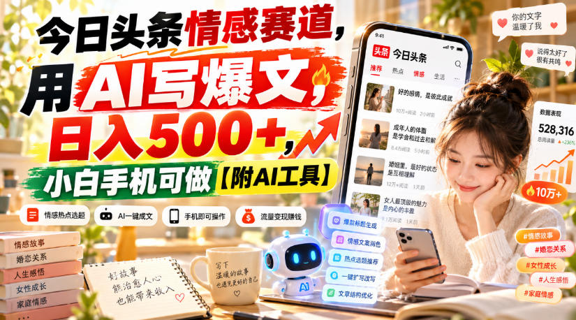 今日头条情感赛道,用AI写爆文,日入500+,小白手机可做【附AI工具】-极客网创