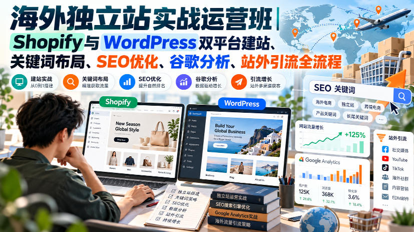 海外独立站实战运营班｜Shopify与WordPress双平台建站、关键词布局、SEO优化、谷歌分析、站外引流全流程-极客网创