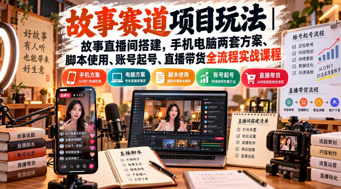 故事赛道项目玩法｜故事直播间搭建，手机电脑两套方案、脚本使用、账号起号、直播带货全流程实战课程-极客网创