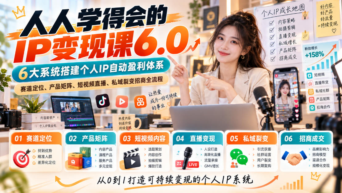 人人学得会的IP变现课6.0，6大系统搭建个人IP自动盈利体系，赛道定位、产品矩阵、短视频直播、私域裂变招商全流程-极客网创