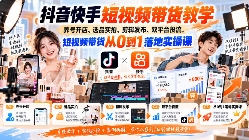 抖音快手短视频带货教学｜养号开店、选品实拍、剪辑发布、双平台投流，短视频带货从0到1落地实操课-极客网创