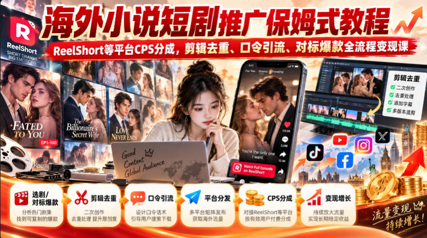海外小说短剧推广保姆式教程｜ReelShort等平台CPS分成，剪辑去重、口令引流、对标爆款全流程变现课-极客网创