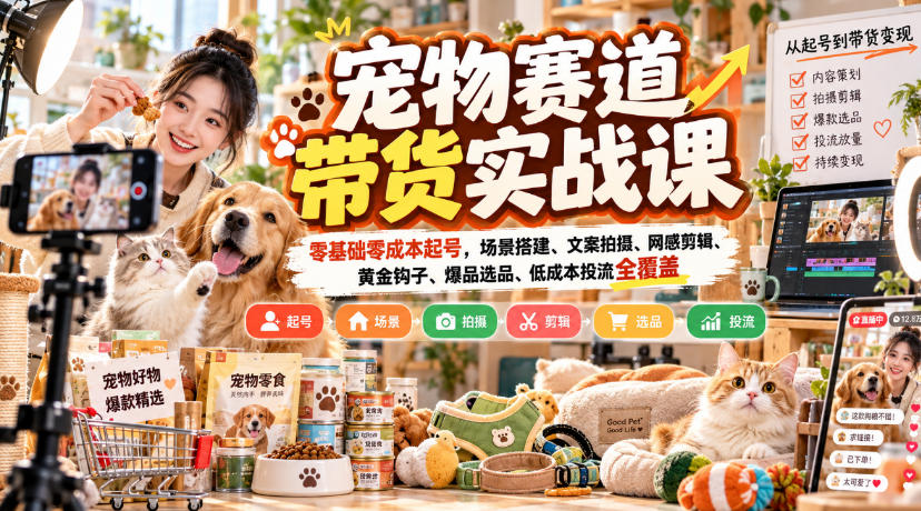 宠物赛道带货实战课,零基础零成本起号,场景搭建、文案拍摄、网感剪辑、黄金钩子、爆品选品、低成本投流全覆盖-极客网创