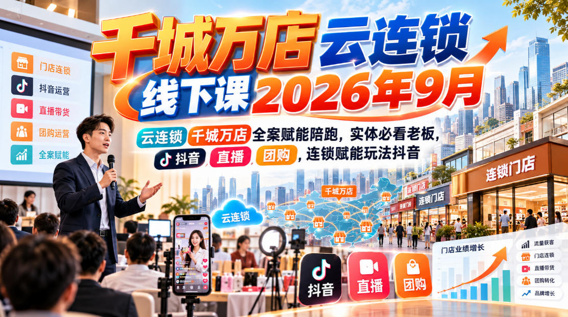 千城万店云连锁线下课2026年9月,云连锁千城万店全案赋能陪跑,实体必看老板,抖音,直播,团购,连锁赋能玩法抖音-极客网创