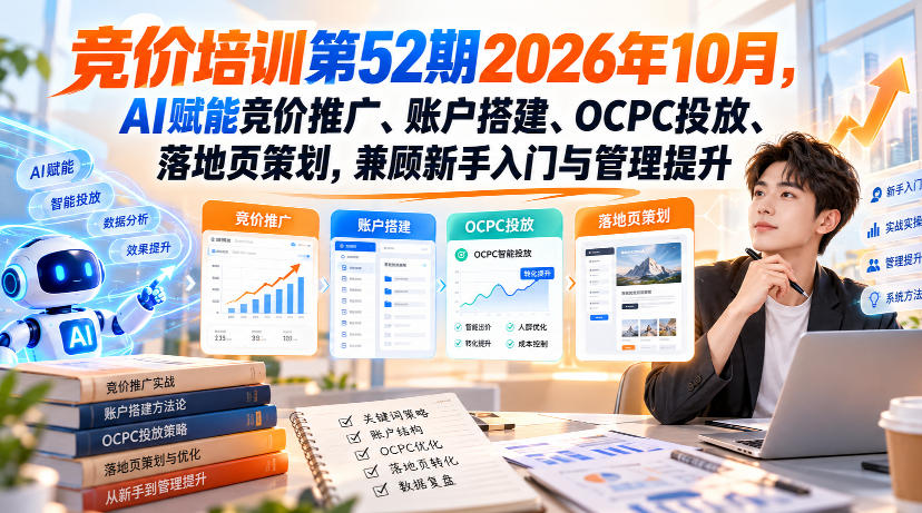 【无水印】竞价培训第52期2026年10月,AI赋能竞价推广、账户搭建、OCPC投放、落地页策划,兼顾新手入门与管理提升-极客网创