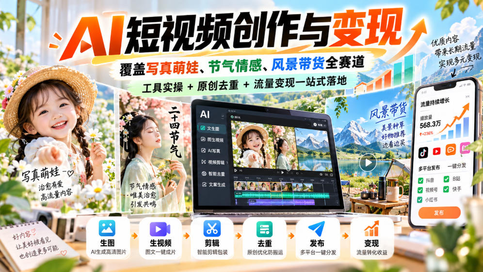 AI短视频创作与变现,覆盖写真萌娃、节气情感、风景带货全赛道,工具实操+原创去重+流量变现一站式落地-极客网创