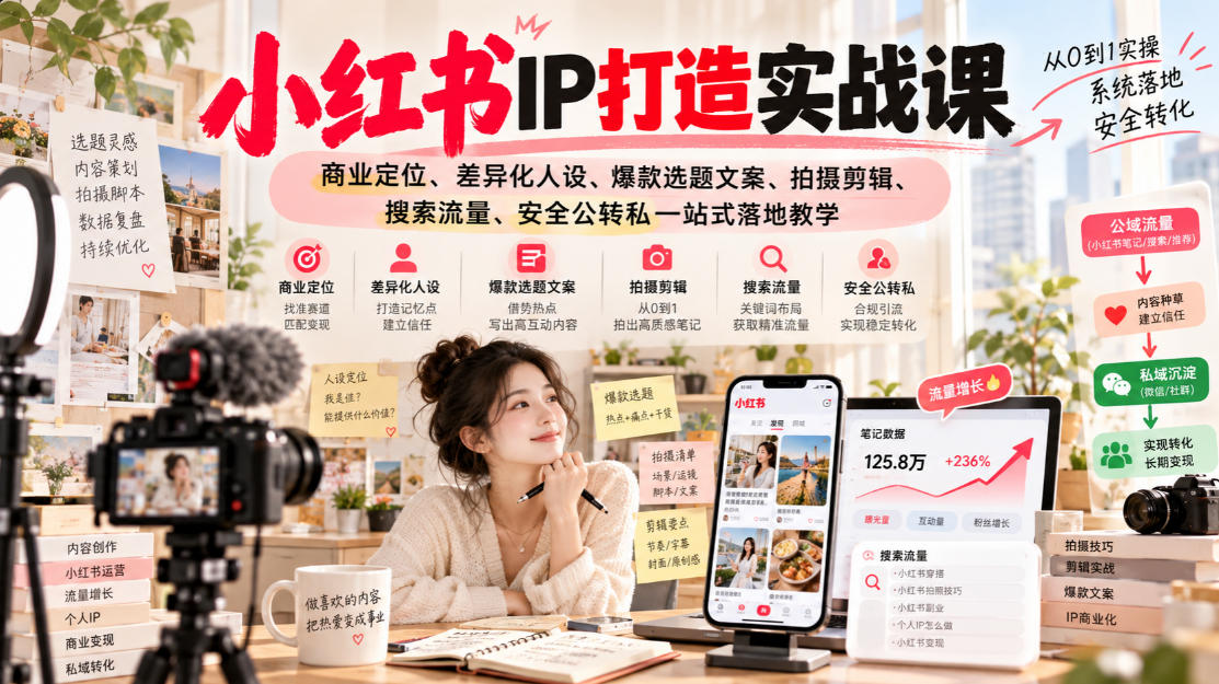 小红书ip打造实战课，商业定位、差异化人设、爆款选题文案、拍摄剪辑、搜索流量、安全公转私一站式落地教学-极客网创