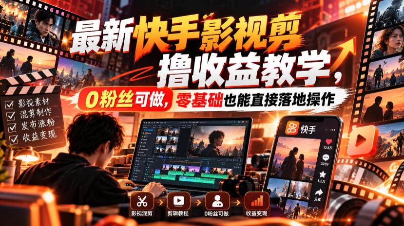 最新快手影视混剪撸收益教学,0粉丝可做,零基础也能直接落地操作-极客网创