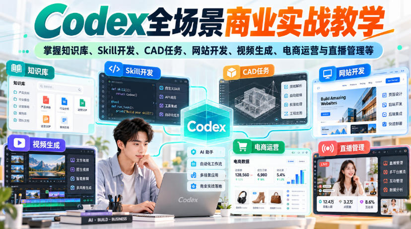 【无水印】Codex全场景商业实战教学,掌握知识库、Skill开发、CAD任务、网站开发、视频生成、电商运营与直播管理等-极客网创