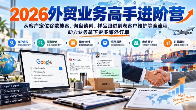 2026外贸业务高手进阶营，从客户定位谷歌搜客、询盘谈判、样品跟进到老客户维护等全流程，助力业务拿下更多海外订单-极客网创