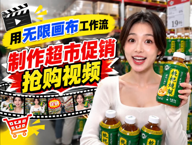无限画布超市促销抢购视频工作流，一键产出TikTok抖音带货短视频-极客网创