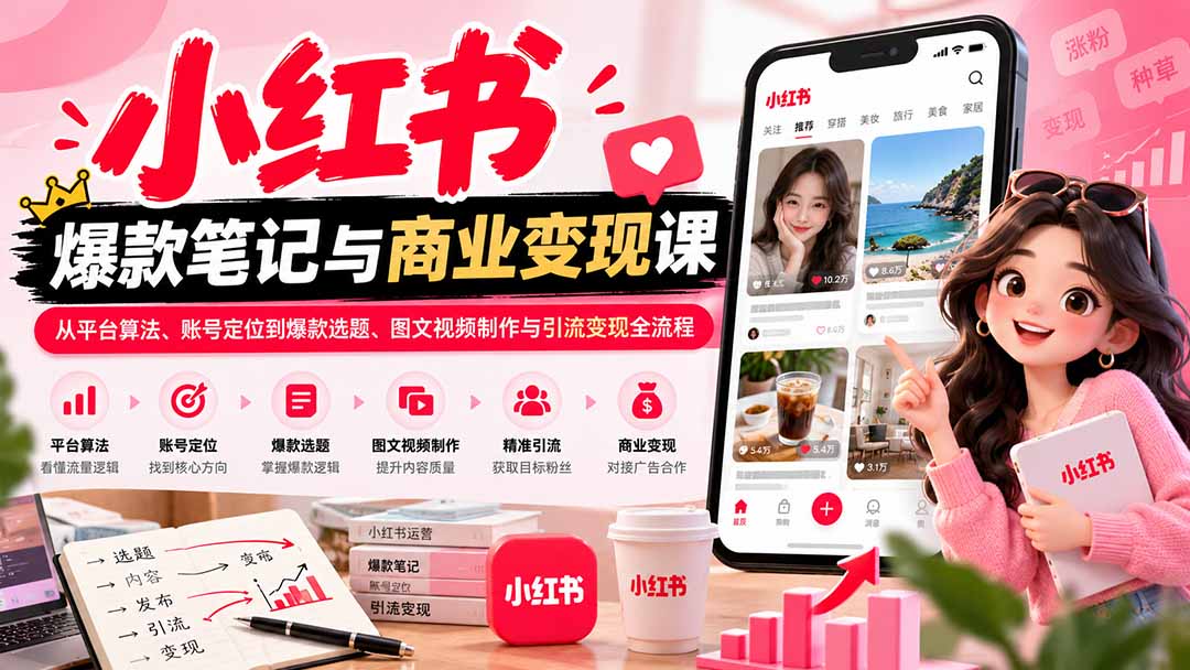 2026小红书爆款笔记与商业变现课：从平台算法、账号定位到爆款选题、图文视频制作与引流变现全流程-极客网创