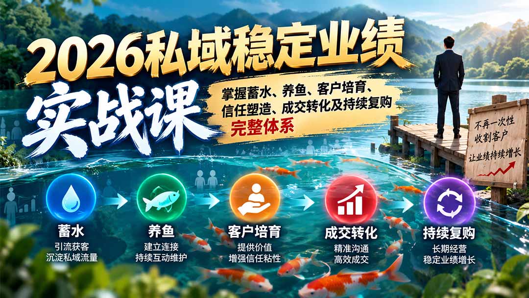 2026私域稳定业绩实战课：掌握蓄水、养鱼、客户培育、信任塑造、成交转化及持续复购完整体系-极客网创