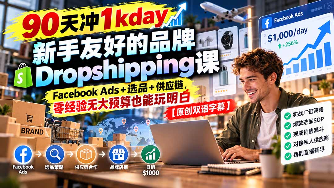 90天冲1kday 新手友好的品牌Dropshipping课：Facebook Ads+选品+供应链，零经验无大预算也能玩明白【原创双语字幕】-极客网创