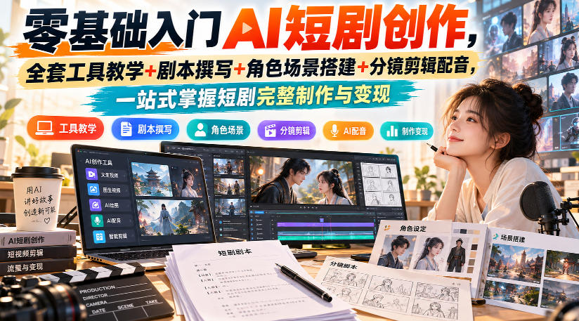 零基础入门AI短剧创作，全套工具教学+剧本撰写+角色场景搭建+分镜剪辑配音，一站式掌握短剧完整制作与变现-极客网创