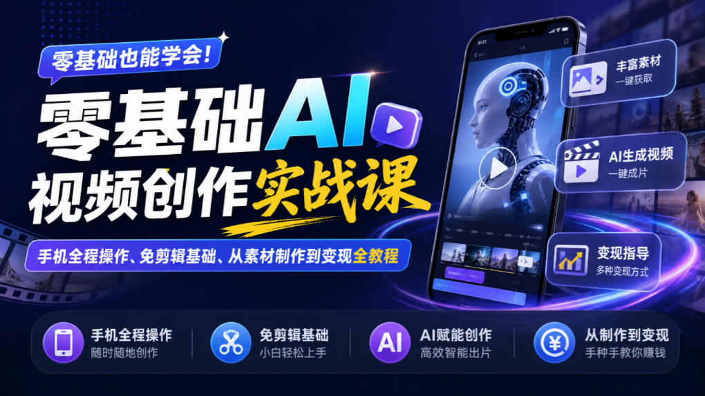 零基础AI视频创作实战课｜手机全程操作、免剪辑基础、从素材制作到变现全教程​-极客网创