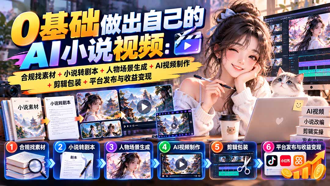 0基础做出自己的AI小说视频：合规找素材+小说转剧本+人物场景生成+AI视频制作+剪辑包装+平台发布与收益变现-极客网创