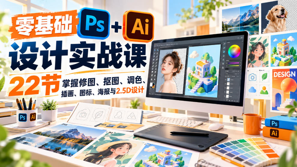 【无水印】零基础PS+AI设计实战课｜22节掌握修图、抠图、调色、插画、图标、海报与2.5D设计-极客网创