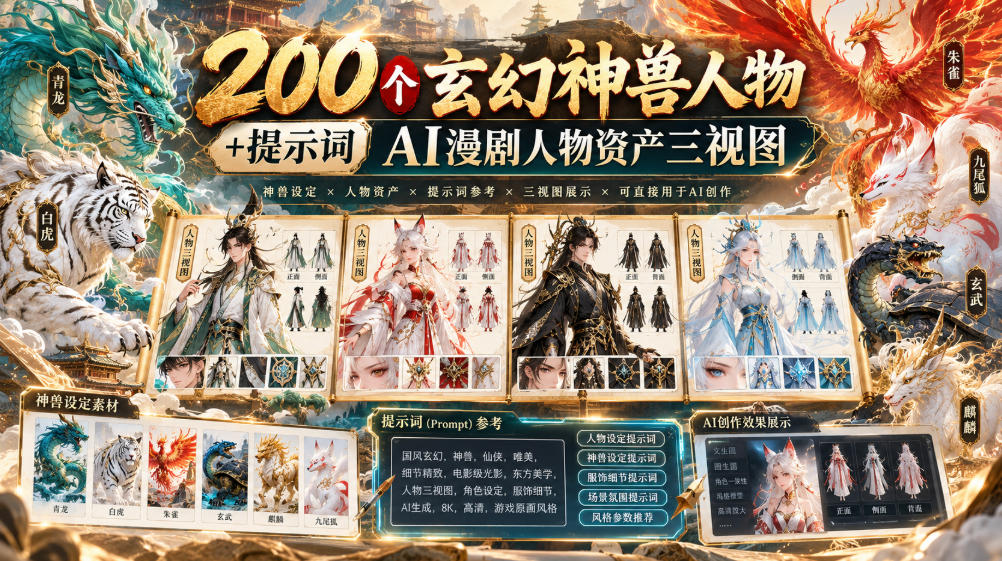 200个玄幻神兽人物+提示词ai漫剧人物资产三视图-极客网创