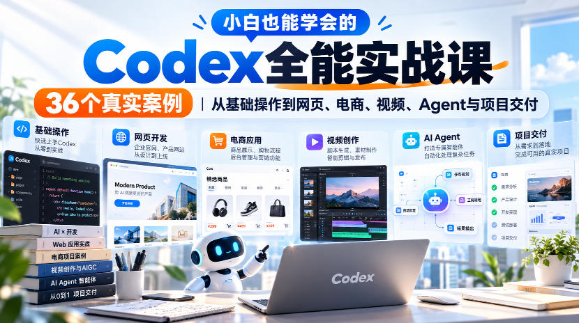 小白也能学会的Codex全能实战课｜36个真实案例，从基础操作到网页、电商、视频、Agent与项目交付-极客网创