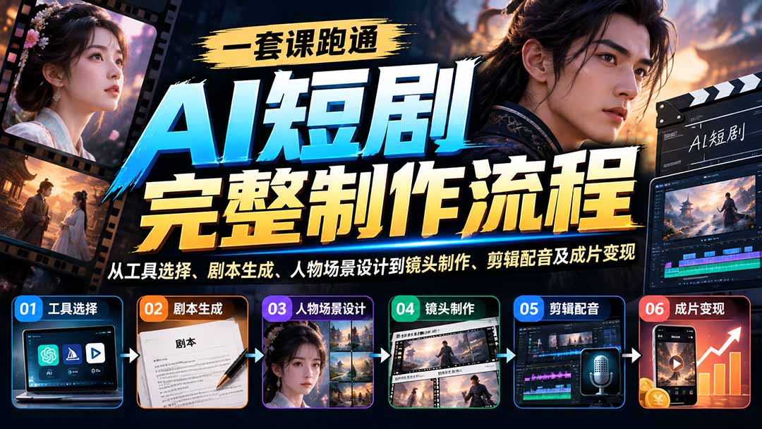 一套课跑通AI短剧完整制作流程：从工具选择、剧本生成、人物场景设计到镜头制作、剪辑配音及成片变现-极客网创