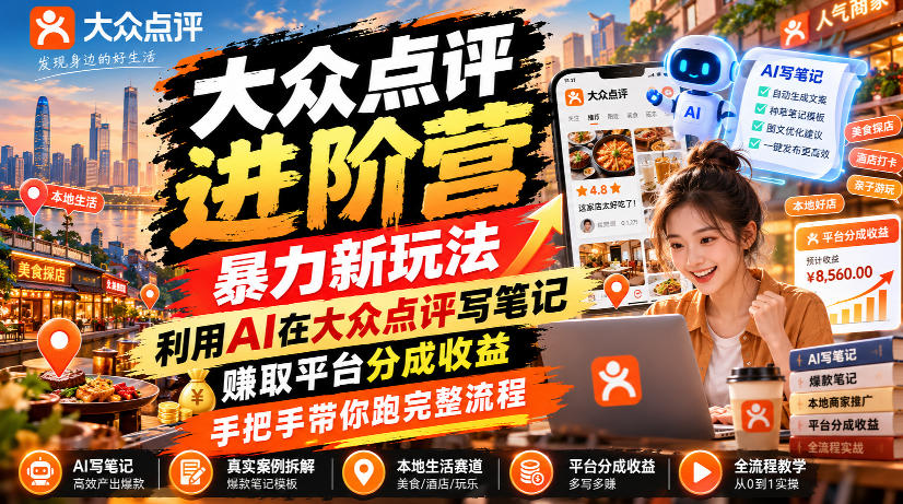 大众点评进阶营，暴力新玩法，利用AI在大众点评写笔记， 賺取平台分成收益，手把手带你跑完整流程-极客网创