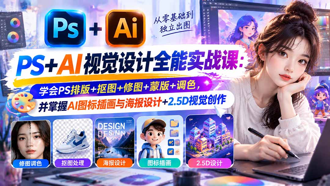 【无水印】PS+AI视觉设计全能实战课：学会PS排版+抠图+修图+蒙版+调色，并掌握AI图标插画与海报设计+2.5D视觉创作-极客网创