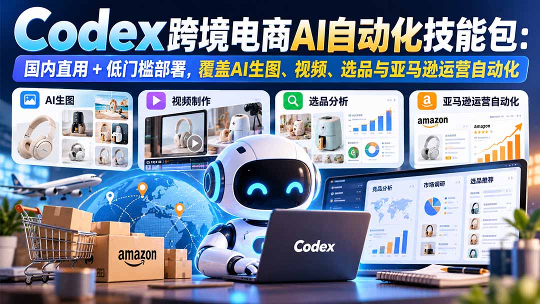 【无水印】Codex跨境电商AI自动化技能包：国内直用+低门槛部署，覆盖AI生图、视频、选品与亚马逊运营自动化-极客网创