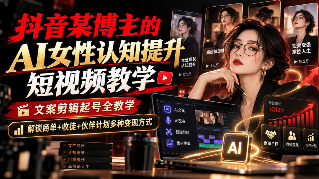 抖音某博主的Ai女性认知提升短视频教学，文案剪辑起号全教学，解锁商单+收徒+伙伴计划多种变现方式-极客网创