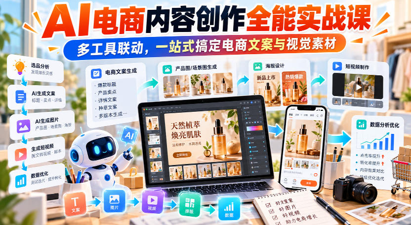 【无水印】AI电商内容创作全能实战课｜多工具联动，一站式搞定电商文案与视觉素材-极客网创