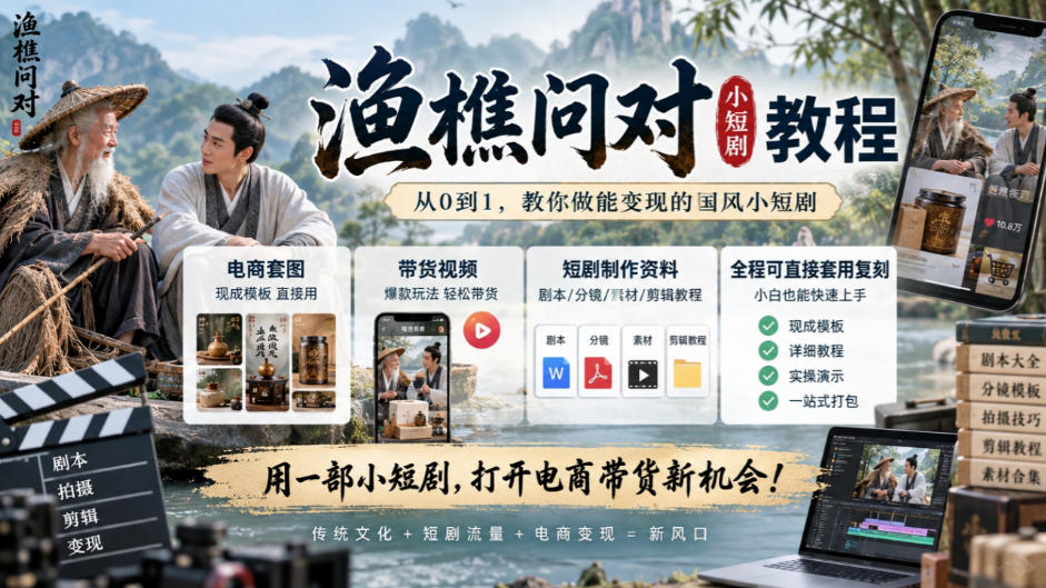 渔樵问对小短剧教程，包含电商套图、带货视频，短剧制作资料，全程可直接套用复刻-极客网创