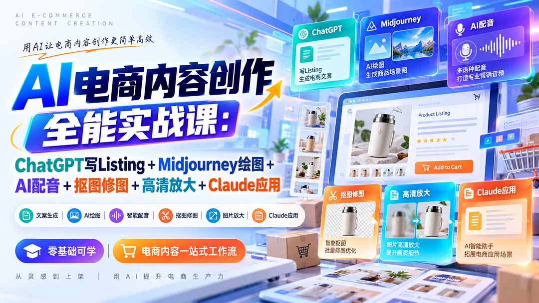 【无水印】AI电商内容创作全能实战课：ChatGPT写Listing+Midjourney绘图+AI配音+抠图修图+高清放大+Claude应用-极客网创